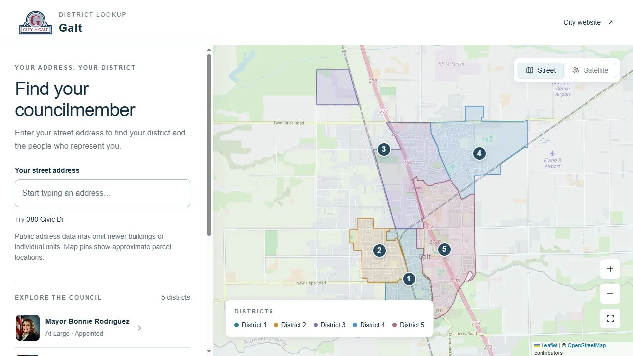 My District example showing a city address search, representatives, and a district map